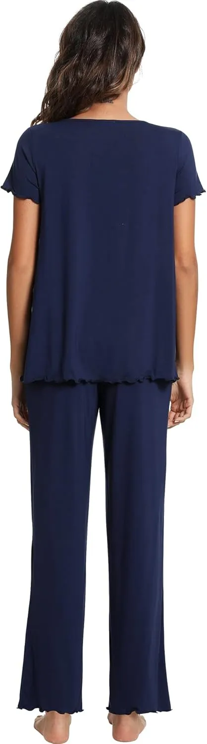 WiWi Viscose from Bamboo Pajama Sets for Women Soft Pjs Loungewear Short Sleeve Top with Pants Sleepwear Pajamas S-XXL
