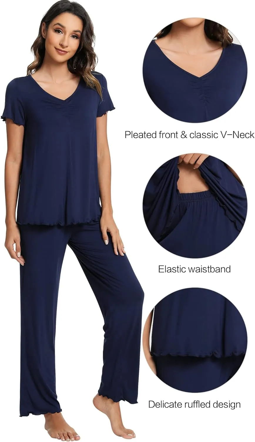 WiWi Viscose from Bamboo Pajama Sets for Women Soft Pjs Loungewear Short Sleeve Top with Pants Sleepwear Pajamas S-XXL