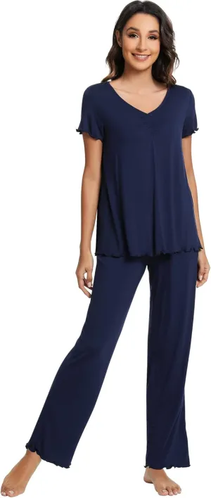 WiWi Viscose from Bamboo Pajama Sets for Women Soft Pjs Loungewear Short Sleeve Top with Pants Sleepwear Pajamas S-XXL