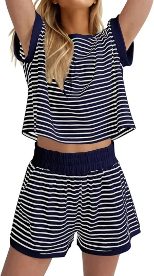 Women 2 Piece Outfits Two Piece Lounge Set Striped Short Sleeve Top and Shorts Casual Summer Loungewear Shorts Sets