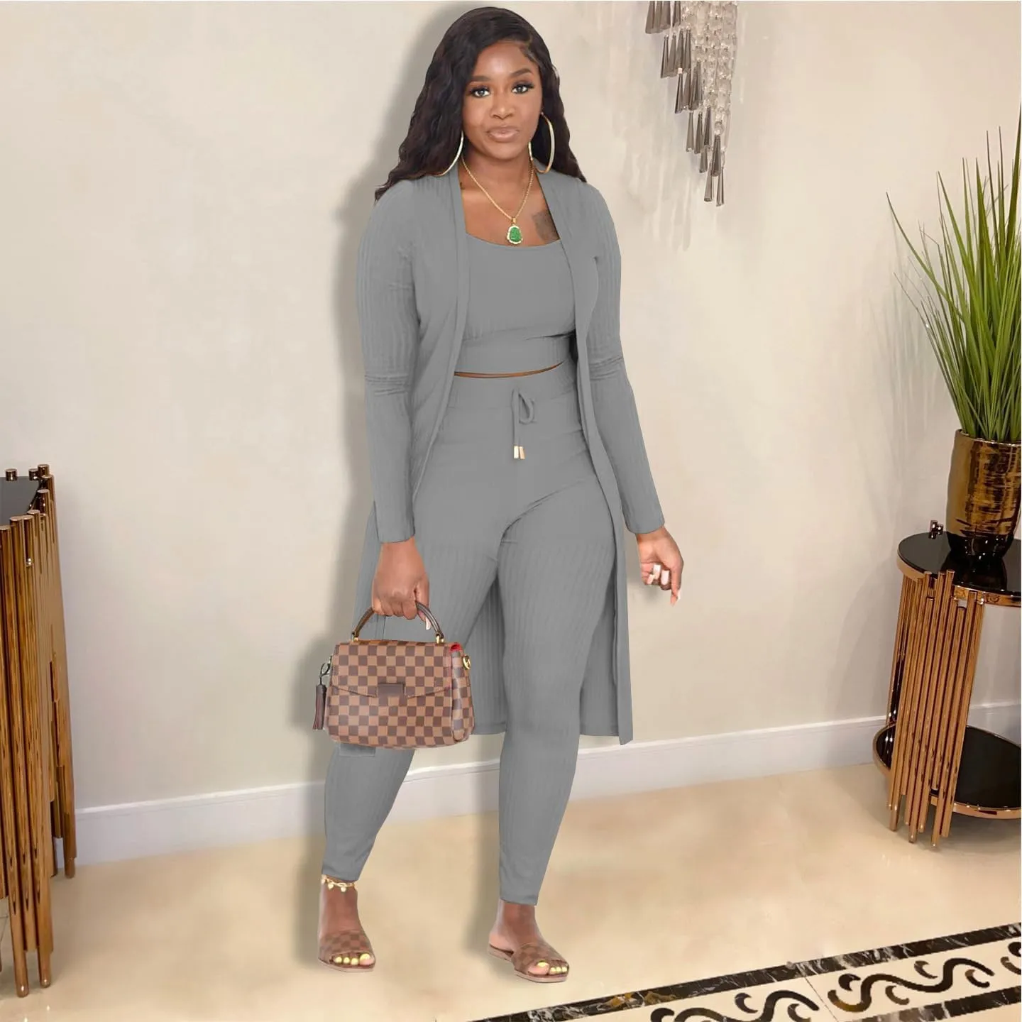 Women 3 Piece Outfits Ribbed Sleeveless Long Cardigan Crop Tank Tops Bodycon Shorts Sets Sweatsuit Lounge Set