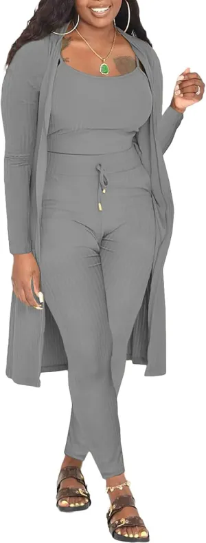 Women 3 Piece Outfits Ribbed Sleeveless Long Cardigan Crop Tank Tops Bodycon Shorts Sets Sweatsuit Lounge Set
