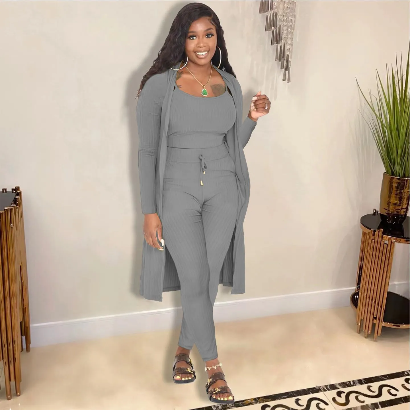 Women 3 Piece Outfits Ribbed Sleeveless Long Cardigan Crop Tank Tops Bodycon Shorts Sets Sweatsuit Lounge Set