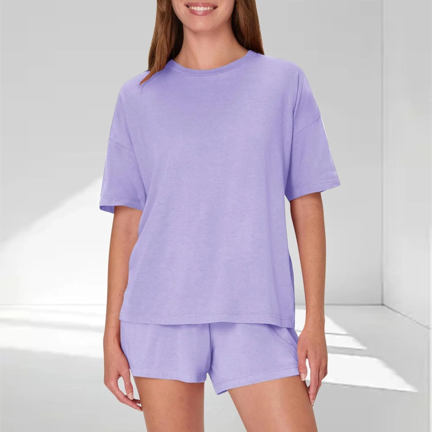 Women Basic Pajama Sets Summer Comfy 2 Piece Lounge Outfit Short Sleeve T-Shirts and Shorts for Sleep Yoga Workout