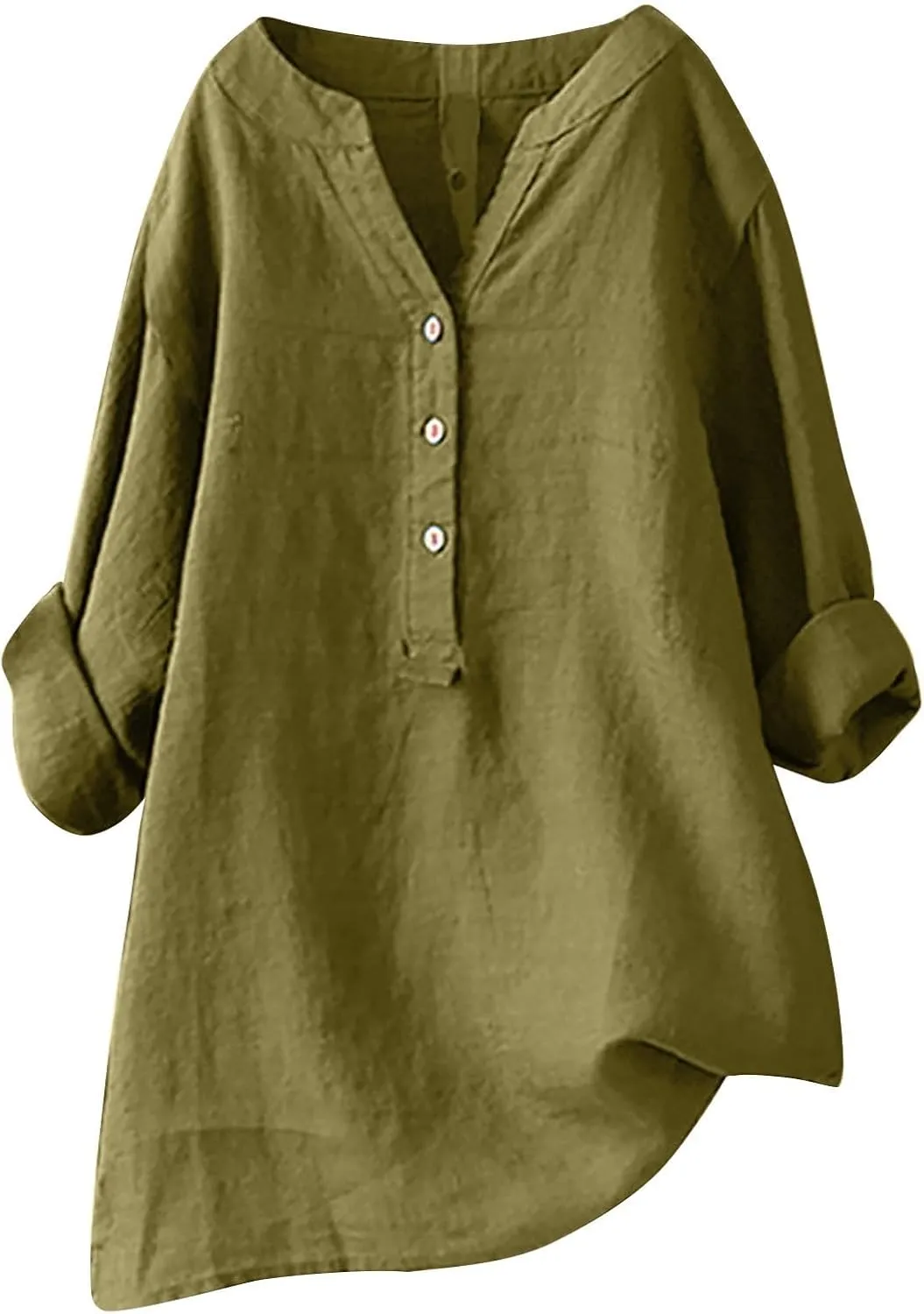 Women Buttons Shirt Cotton Linen Cuffed Sleeve V-Neck Oversized Shirts Casual Loose Solid Blouse Tunic Tops