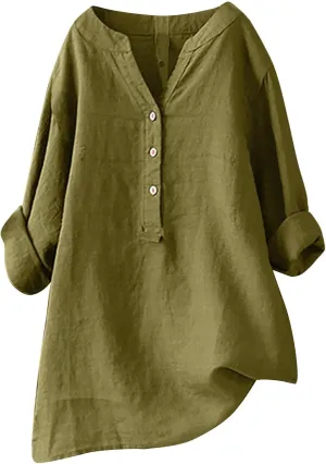 Women Buttons Shirt Cotton Linen Cuffed Sleeve V-Neck Oversized Shirts Casual Loose Solid Blouse Tunic Tops