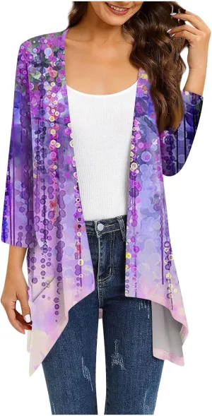 Women Cardigan 2024 3/4 Sleeve Tie Dye Funny Tops Loose Fit Lightweight Blouse Coat Shawl Collar Fall T Shirts