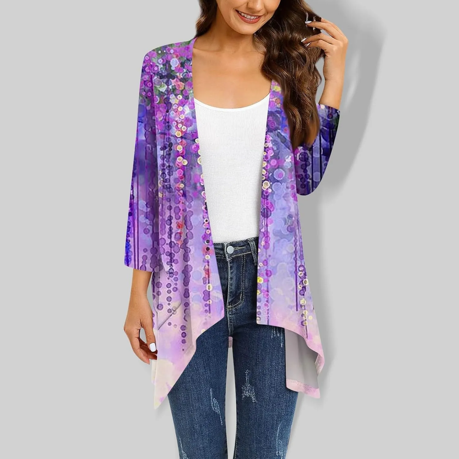 Women Cardigan 2024 3/4 Sleeve Tie Dye Funny Tops Loose Fit Lightweight Blouse Coat Shawl Collar Fall T Shirts