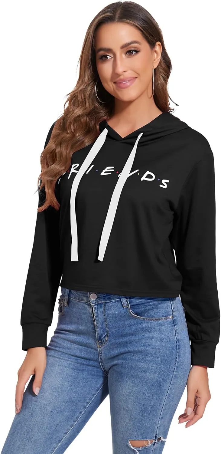 Women Cute Printed Letter Hoodie Cropped Pullover Sweatshirts Casual Gym Tops Drawstring Fall Winter Tunics