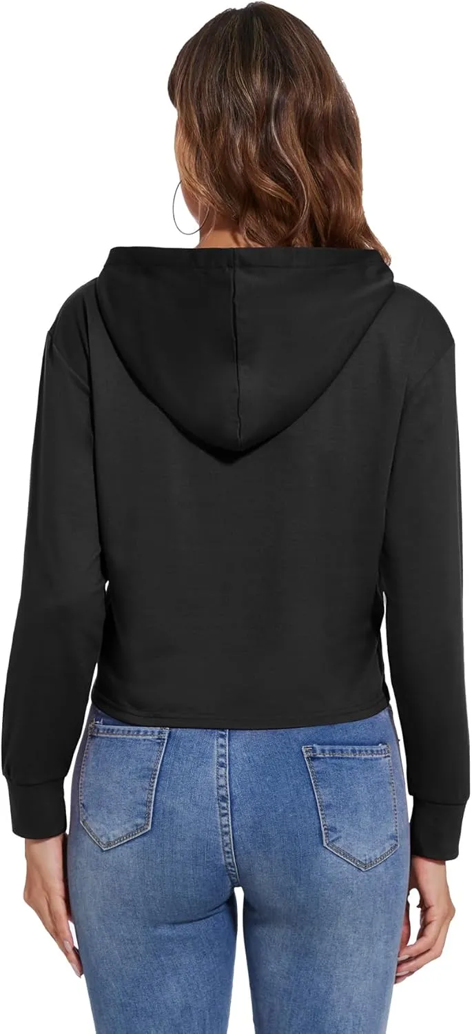 Women Cute Printed Letter Hoodie Cropped Pullover Sweatshirts Casual Gym Tops Drawstring Fall Winter Tunics