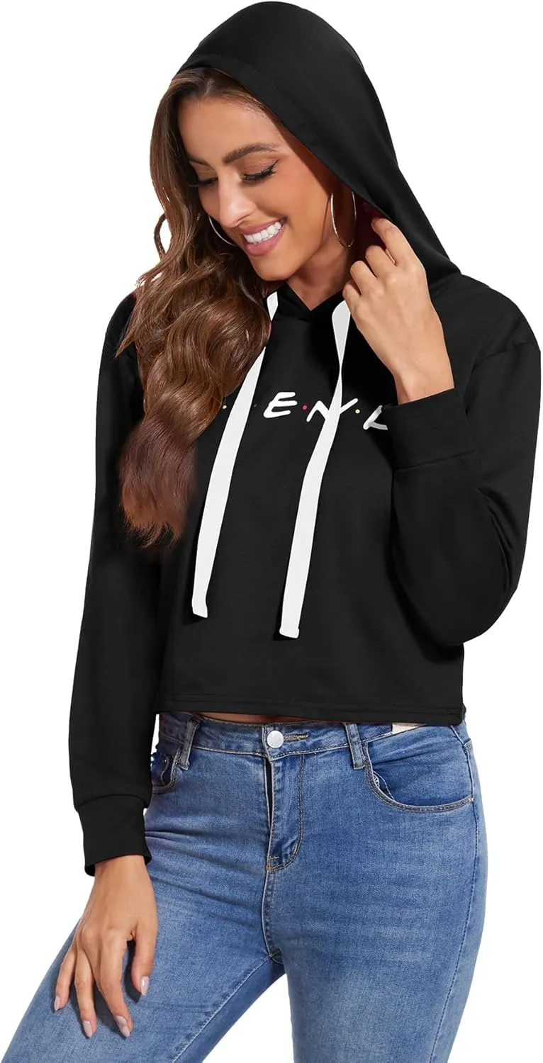 Women Cute Printed Letter Hoodie Cropped Pullover Sweatshirts Casual Gym Tops Drawstring Fall Winter Tunics