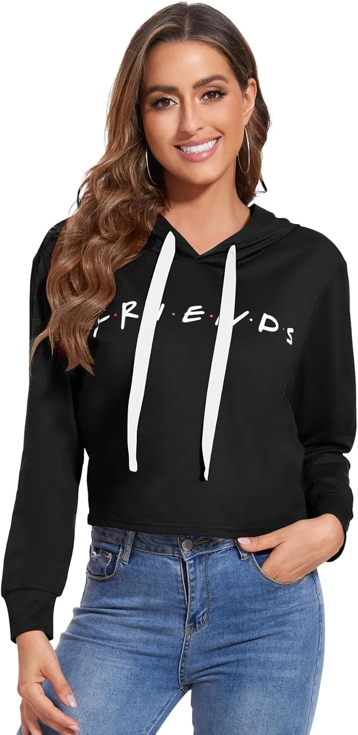 Women Cute Printed Letter Hoodie Cropped Pullover Sweatshirts Casual Gym Tops Drawstring Fall Winter Tunics