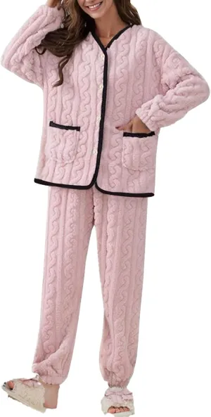 Women Flannel Long Sleeve Pajama Set Winter Button down Knit Sweaters with Pockets Sleepwear Nightwear Soft Pjs Lounge Sets