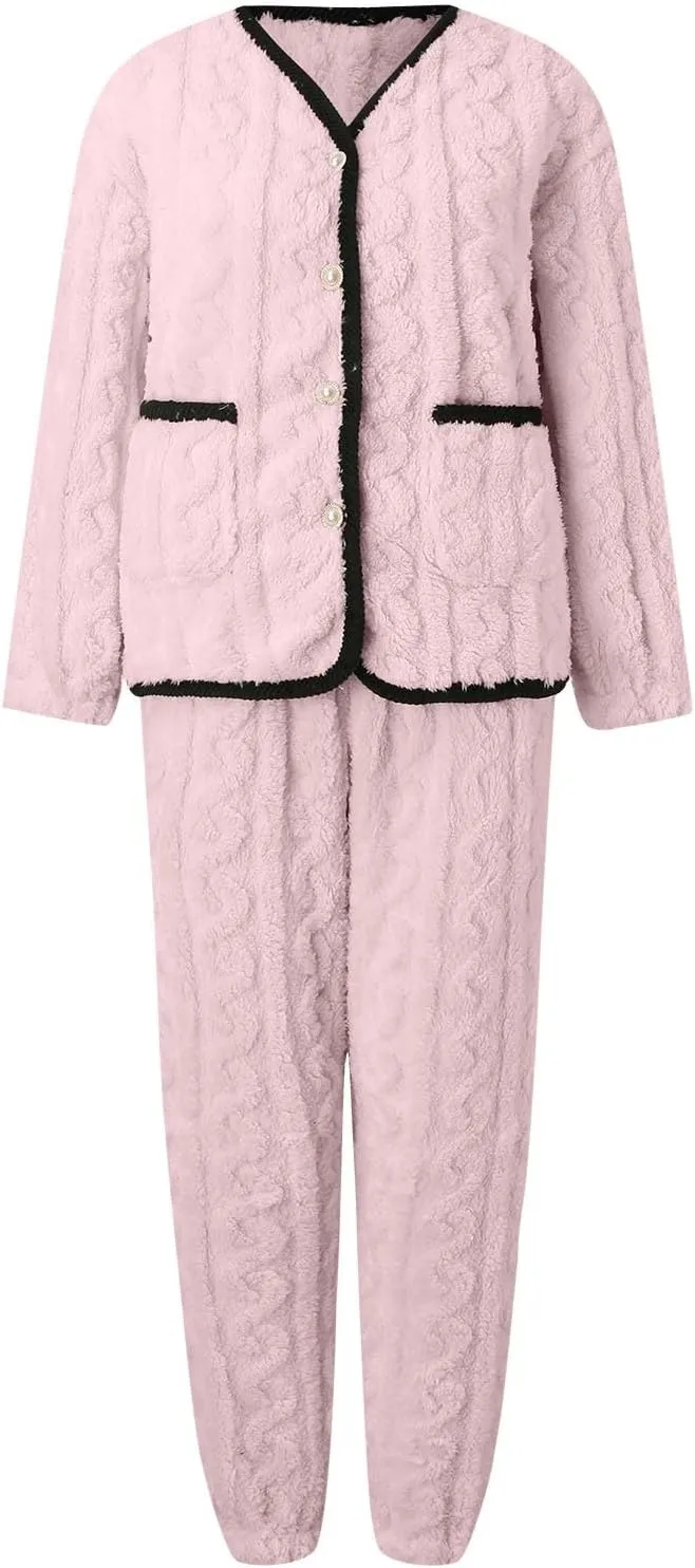 Women Flannel Long Sleeve Pajama Set Winter Button down Knit Sweaters with Pockets Sleepwear Nightwear Soft Pjs Lounge Sets