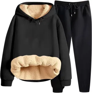 Women Fleece Sweatsuits 2 Piece Outfits Sherpa Fleece Lined Thicken Warm Hoodies and Joggers Pants Tracksuit