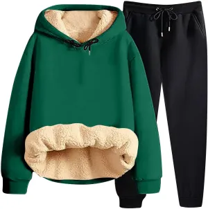 Women Fleece Sweatsuits 2 Piece Outfits Sherpa Fleece Lined Thicken Warm Hoodies and Joggers Pants Tracksuit