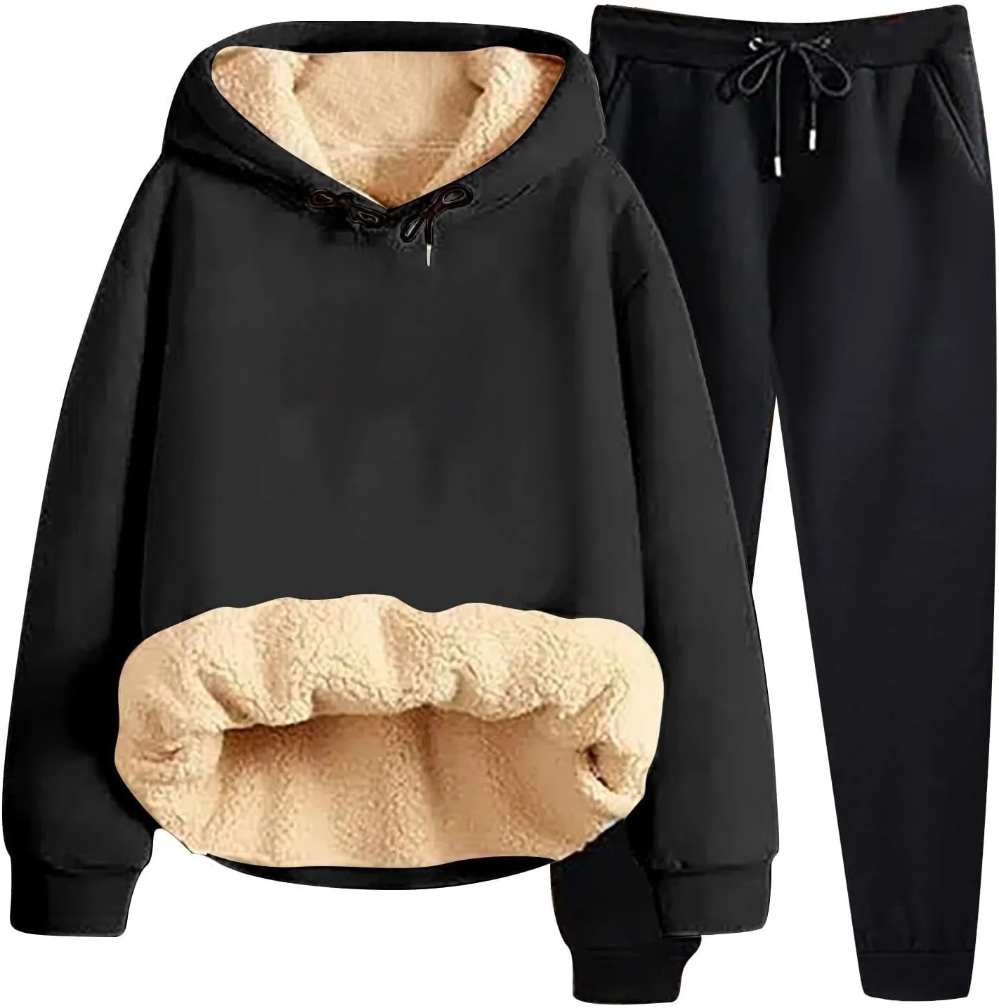 Women Fleece Sweatsuits 2 Piece Outfits Sherpa Fleece Lined Thicken Warm Hoodies and Joggers Pants Tracksuit