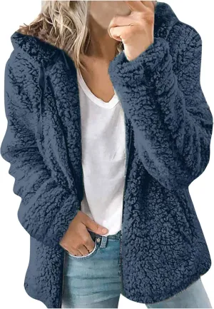 Women Fuzzy Fleece Zip Up Jacket Hooded Sherpa Lined Sweatshirt Casual Soft Fuzzy Shaggy Teddy Coat Fluffy Outerwear