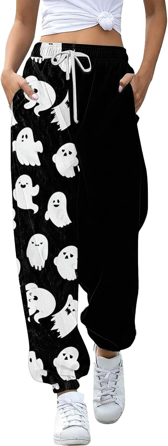 Women Halloween Sweatpants High Waisted Print Casual Pants Sweatpants Pants Ghost Print Joggers High Young Adult