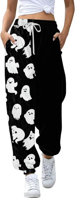 Women Halloween Sweatpants High Waisted Print Casual Pants Sweatpants Pants Ghost Print Joggers High Young Adult