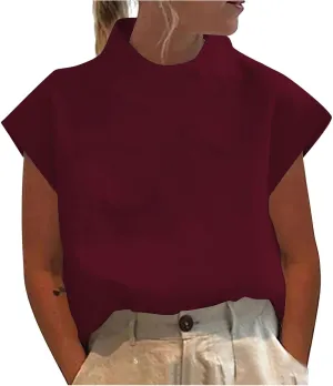 Women High Neck Cotton Linen Shirt Summer Casual Elegant Cap Sleeve Tee Tops Oversized Streetwear Zip Up Back Blouse