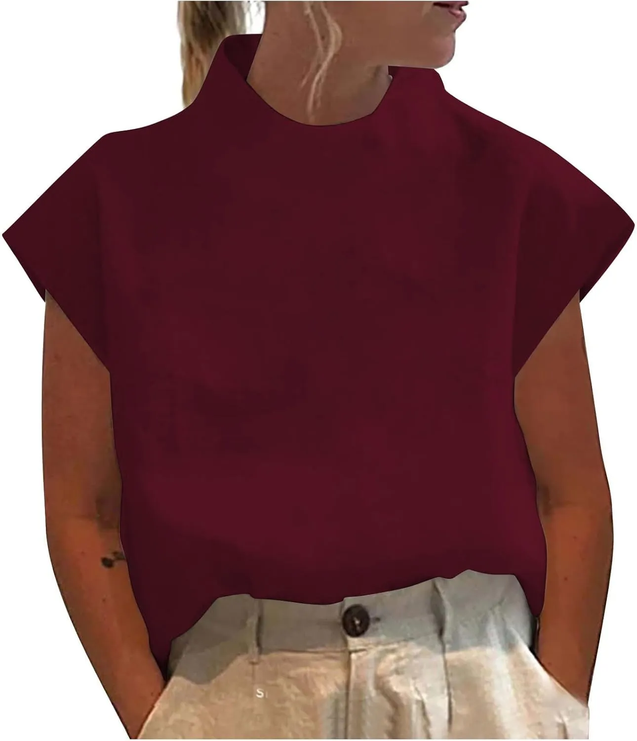 Women High Neck Cotton Linen Shirt Summer Casual Elegant Cap Sleeve Tee Tops Oversized Streetwear Zip Up Back Blouse