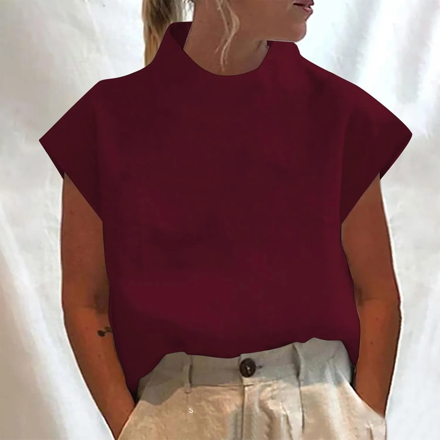 Women High Neck Cotton Linen Shirt Summer Casual Elegant Cap Sleeve Tee Tops Oversized Streetwear Zip Up Back Blouse
