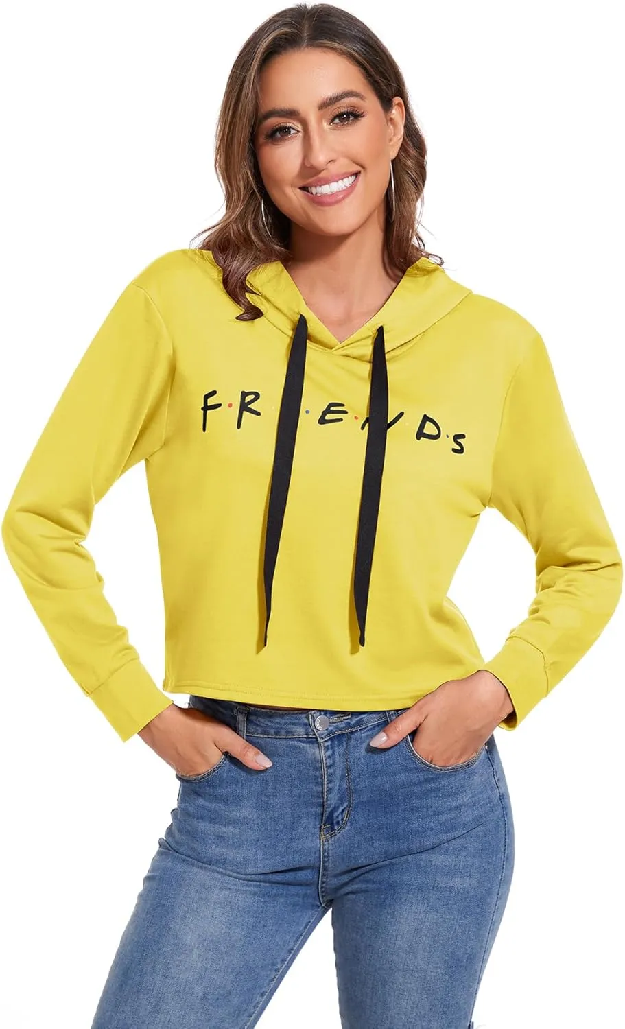 Women Letter Printed Hoodie Crop Top Long Sleeve Sweatshirt Pullover Tunics Blouses Solid Drawstring Top