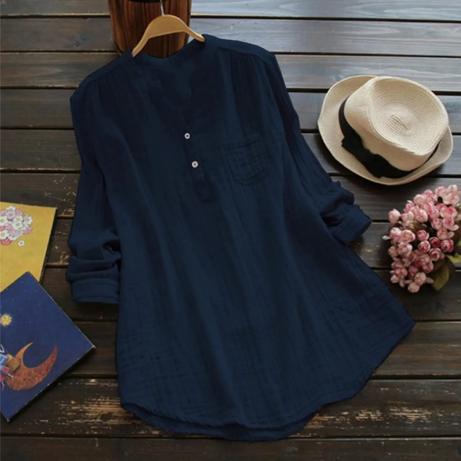Women Linen Shirts V-Neck Button Down Blouse Boho Trendy Tee Top Short Sleeve Loose Tunics Top