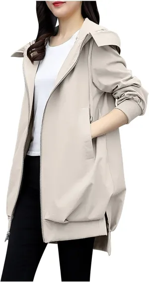 Women Long Rain Jacket Waterproof Lightweight Hooded Raincoat Windbreaker Coat Side Slits High-Low Hem Outdoor Coats