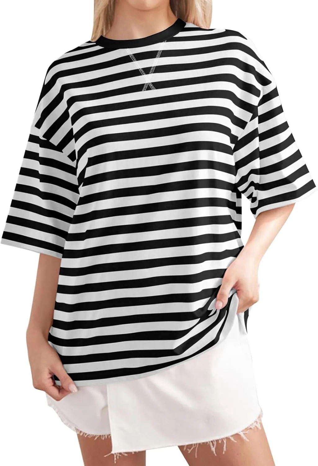 Women Oversized Striped Short Sleeve T-Shirts Color Block Crew Neck Basic Shirt Casual Summer Tee Tops