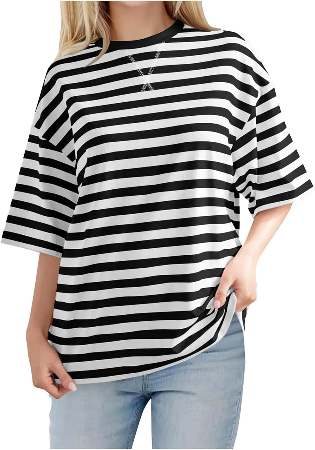 Women Oversized Striped Short Sleeve T-Shirts Color Block Crew Neck Basic Shirt Casual Summer Tee Tops