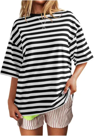Women Oversized Striped Short Sleeve T-Shirts Color Block Crew Neck Basic Shirt Casual Summer Tee Tops