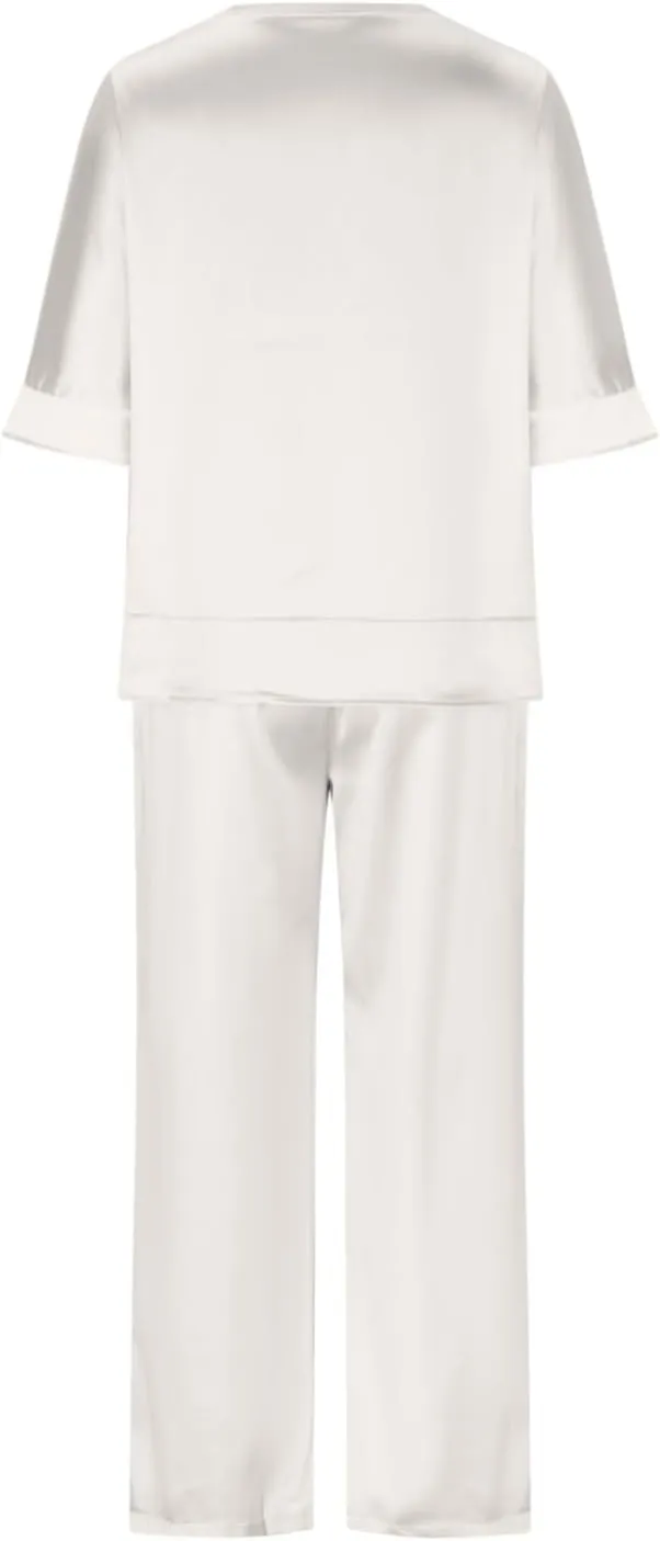Women Satin Basic Lounge Set Comfy 2 Piece Pajama Outfit Half Sleeve V Neck T Shirts and Wide Leg Pants Sleepwear