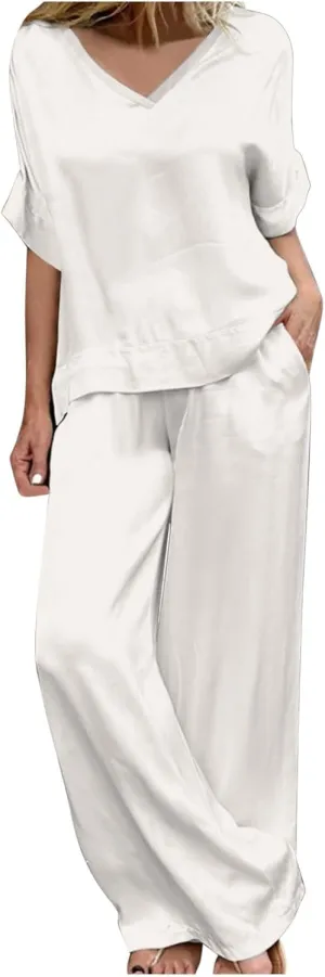 Women Satin Basic Lounge Set Comfy 2 Piece Pajama Outfit Half Sleeve V Neck T Shirts and Wide Leg Pants Sleepwear