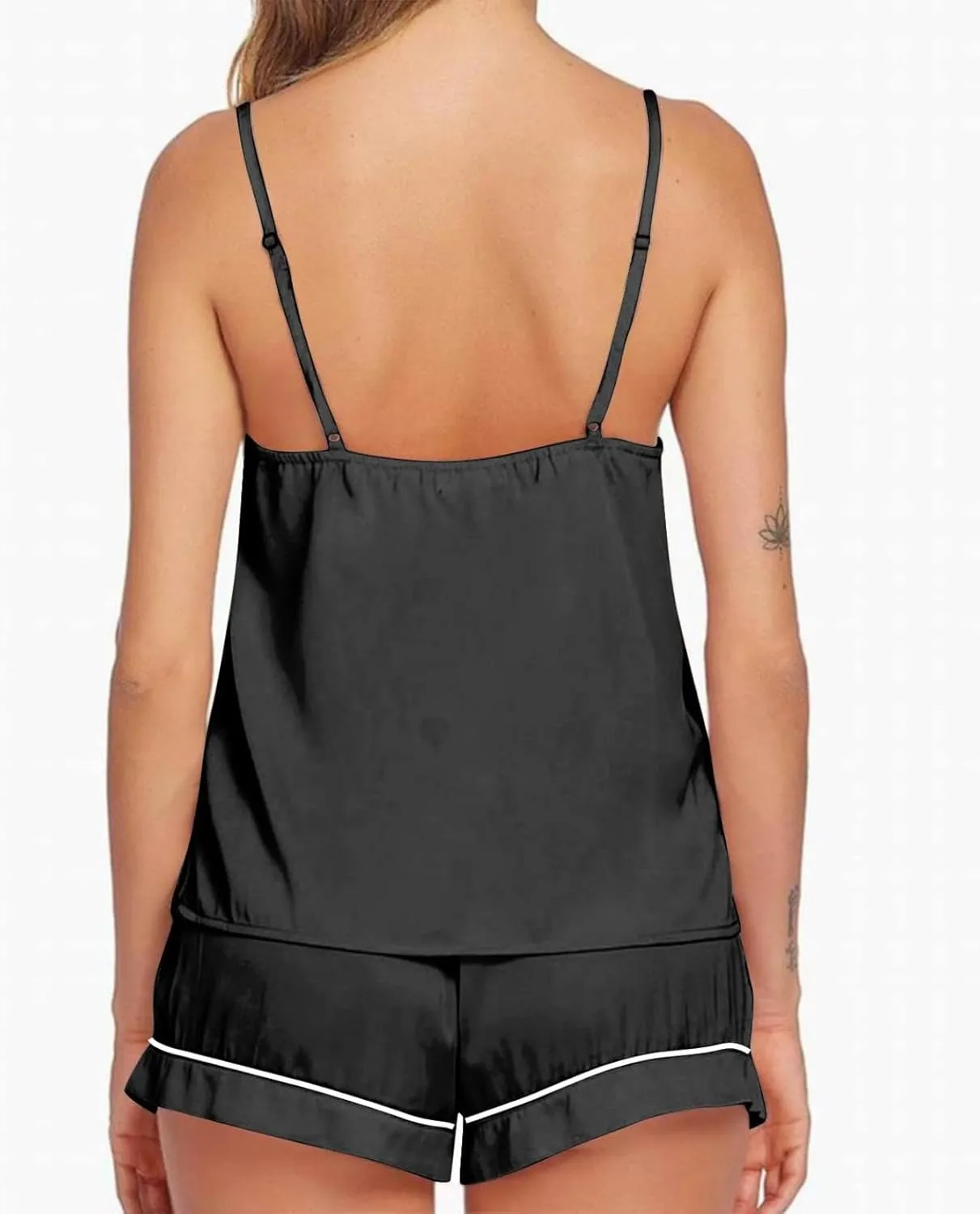Women Satin Cami Pajama Sets Striped Trim 2 Piece Lounge Set Spaghetti Straps V Neck Tank Tops and Short Sleepwear