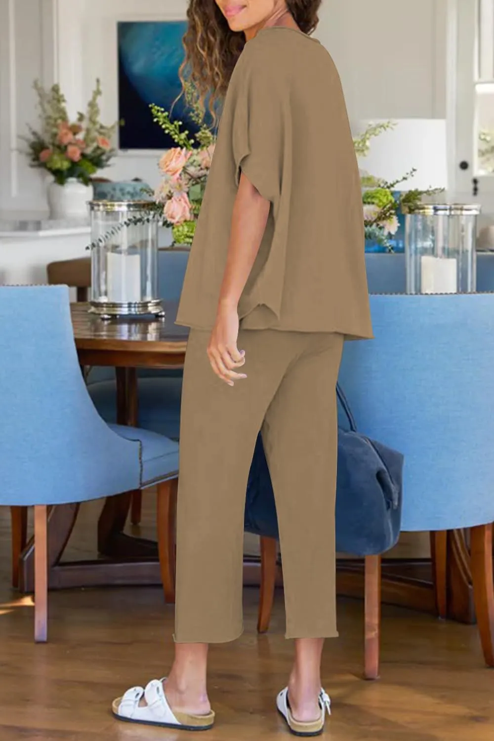 Women's 2 Piece Lounge Sets Casual Short Sleeve Pullover Tops Matching Wide Leg Pants Tracksuit Set