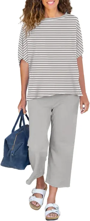 Women's 2 Piece Lounge Sets Casual Short Sleeve Pullover Tops Matching Wide Leg Pants Tracksuit Set