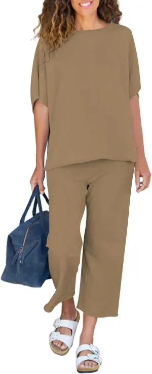Women's 2 Piece Lounge Sets Casual Short Sleeve Pullover Tops Matching Wide Leg Pants Tracksuit Set