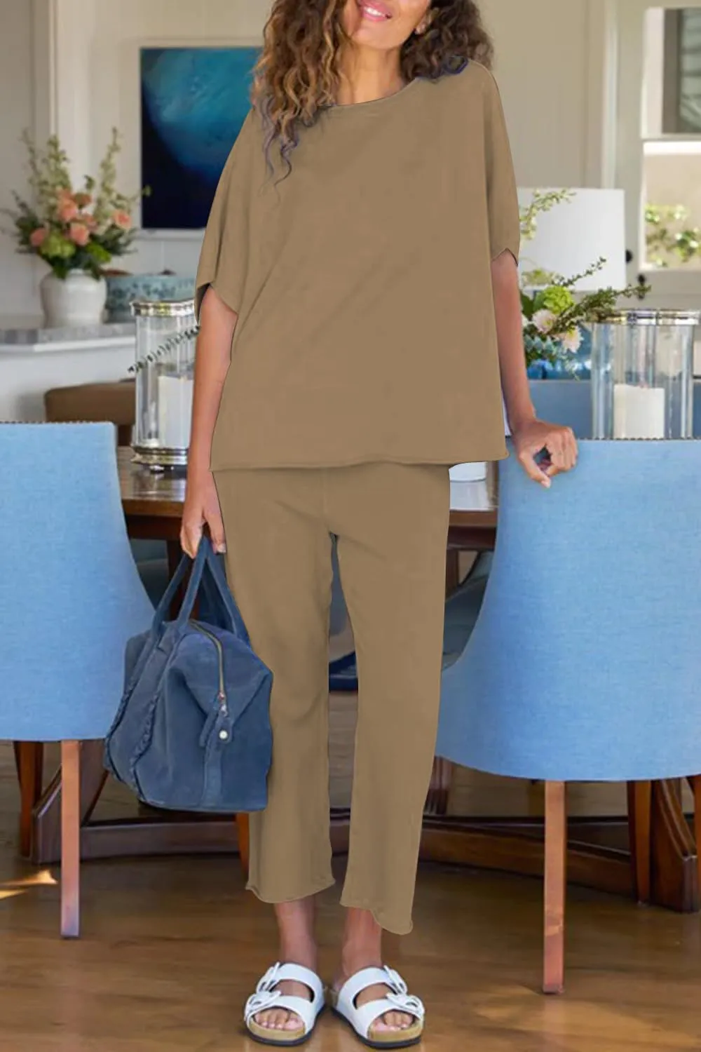 Women's 2 Piece Lounge Sets Casual Short Sleeve Pullover Tops Matching Wide Leg Pants Tracksuit Set