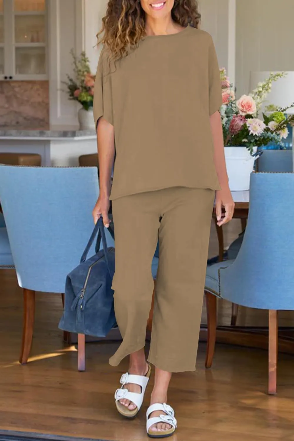 Women's 2 Piece Lounge Sets Casual Short Sleeve Pullover Tops Matching Wide Leg Pants Tracksuit Set
