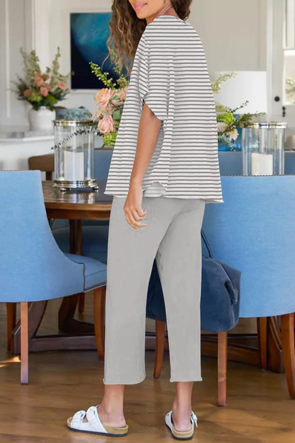 Women's 2 Piece Lounge Sets Casual Short Sleeve Pullover Tops Matching Wide Leg Pants Tracksuit Set