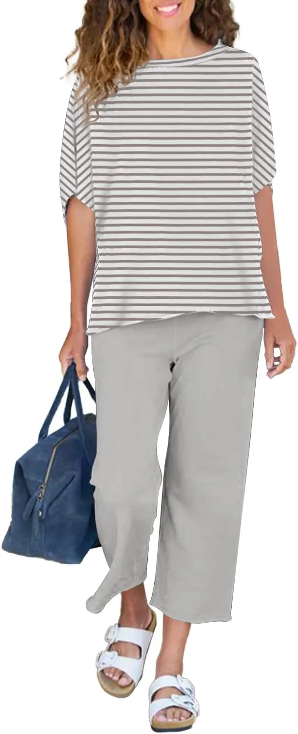 Women's 2 Piece Lounge Sets Casual Short Sleeve Pullover Tops Matching Wide Leg Pants Tracksuit Set