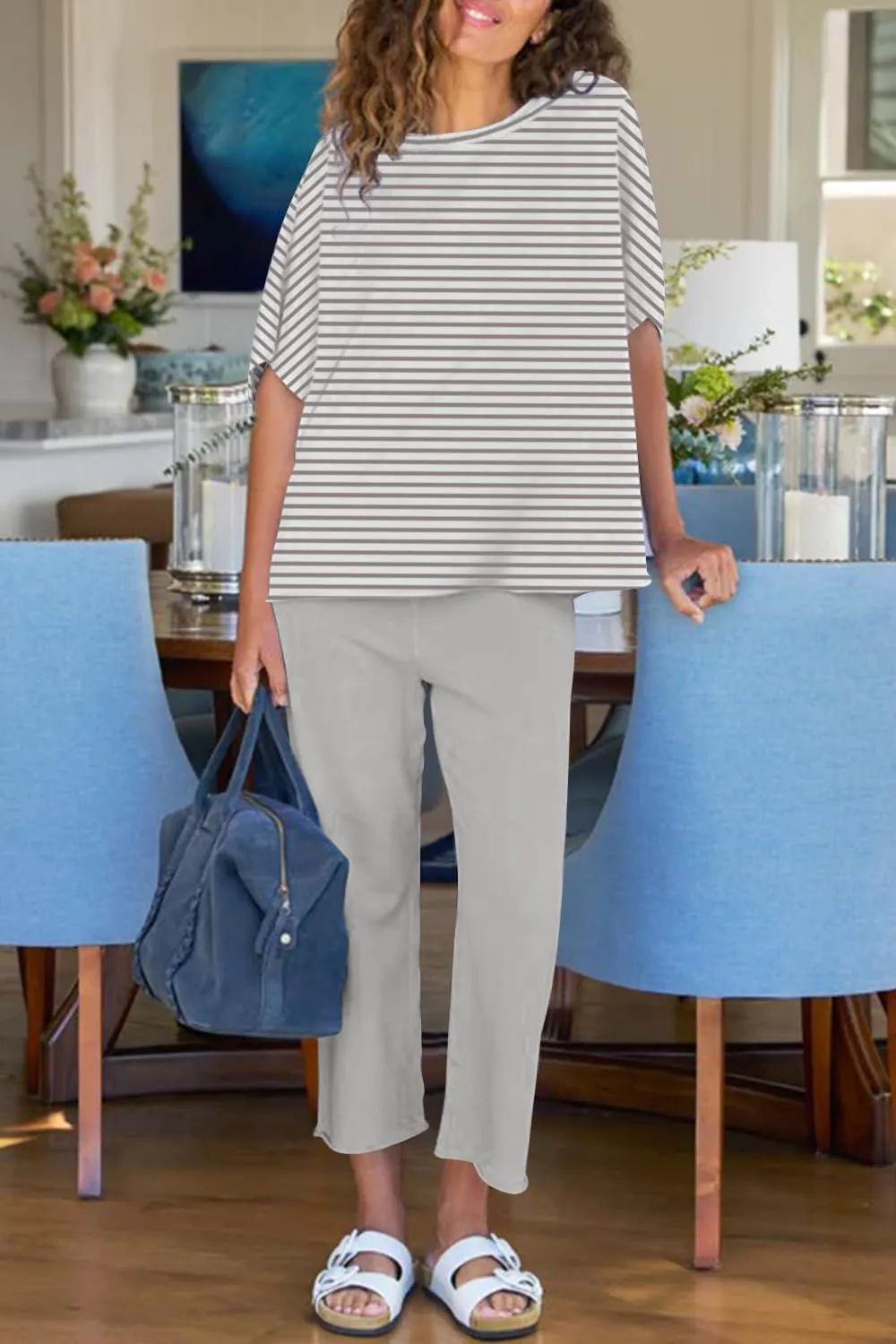 Women's 2 Piece Lounge Sets Casual Short Sleeve Pullover Tops Matching Wide Leg Pants Tracksuit Set