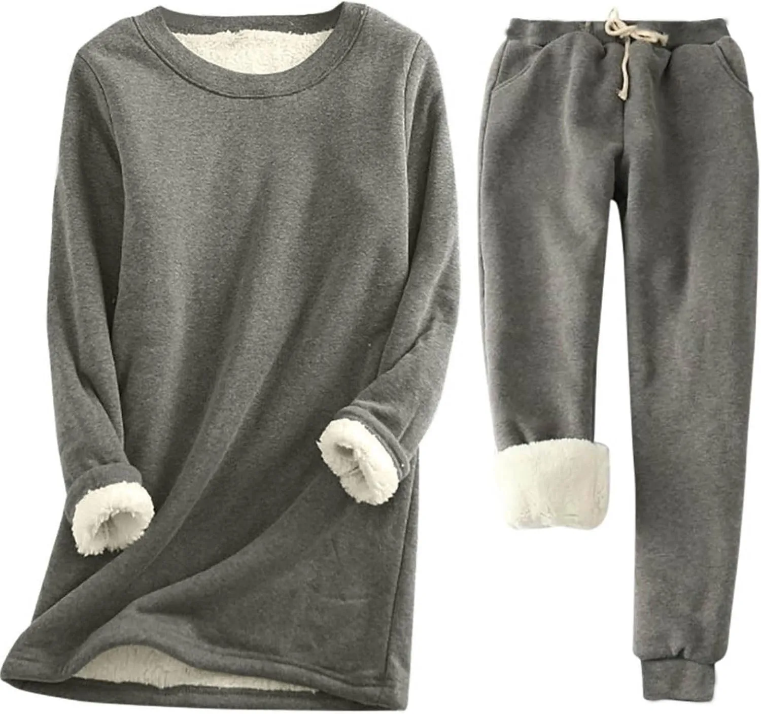Womens 2 Piece Lounge Sets Fleece Lined Loungewear Pajama Set Fuzzy Sherpa Sweatshirt Jogger Pants Fall Sweatsuit Set