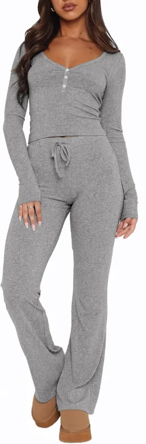 Womens 2 Piece Lounge Sets Long Sleeve Crop Tops V Neck Flare Pants Set Fall Y2k Casual Outfits