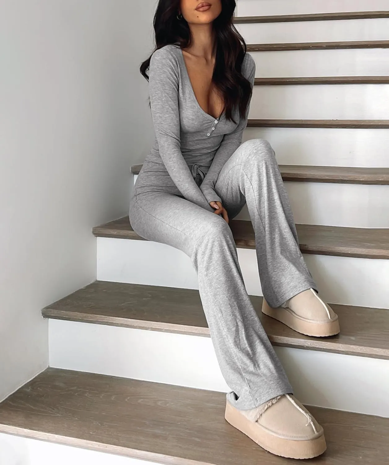 Womens 2 Piece Lounge Sets Long Sleeve Crop Tops V Neck Flare Pants Set Fall Y2k Casual Outfits