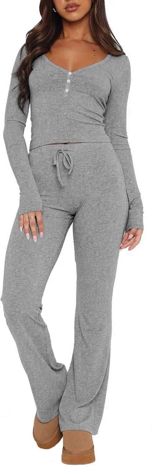 Womens 2 Piece Lounge Sets Long Sleeve Crop Tops V Neck Flare Pants Set Fall Y2k Casual Outfits