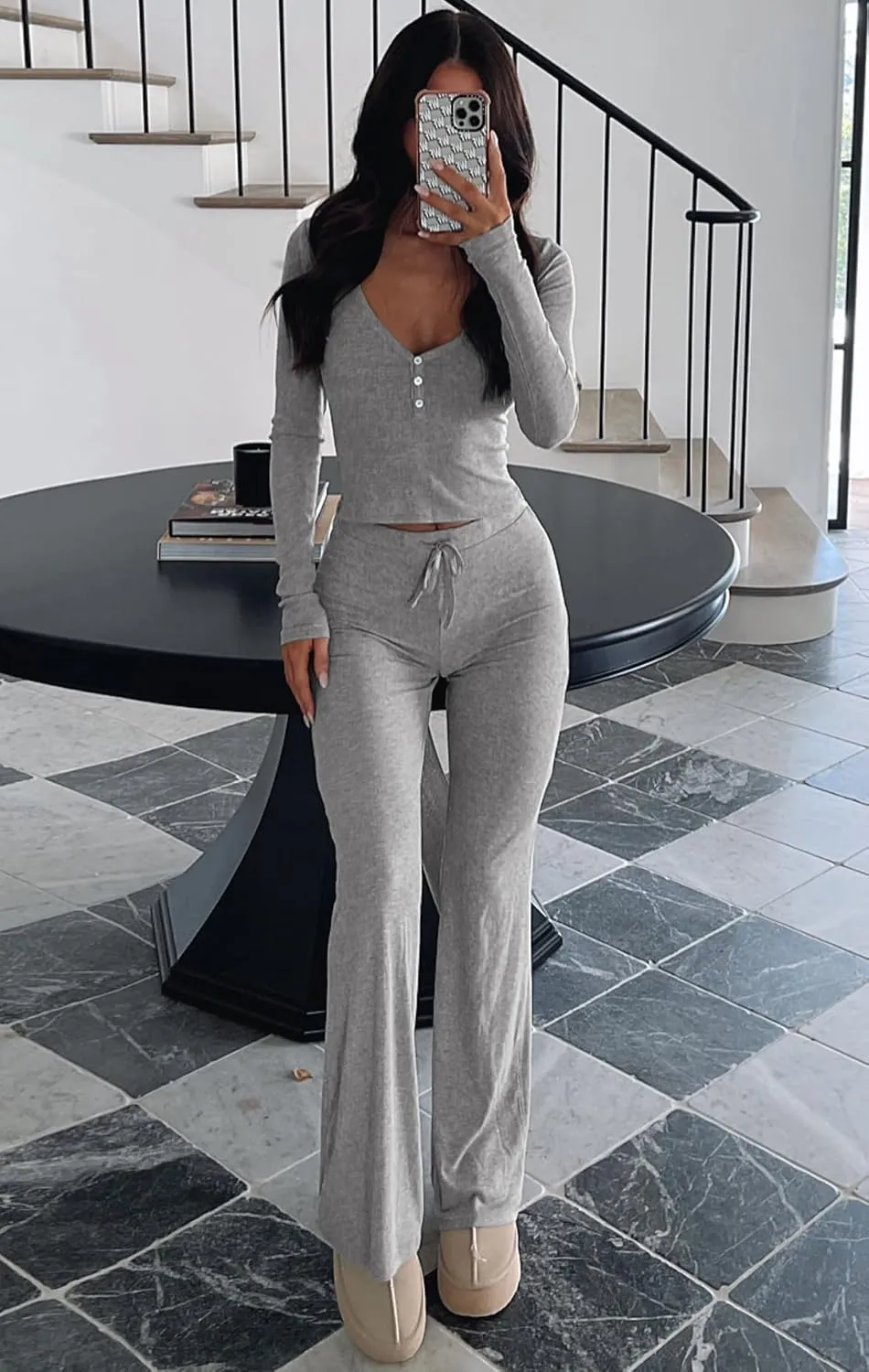 Womens 2 Piece Lounge Sets Long Sleeve Crop Tops V Neck Flare Pants Set Fall Y2k Casual Outfits