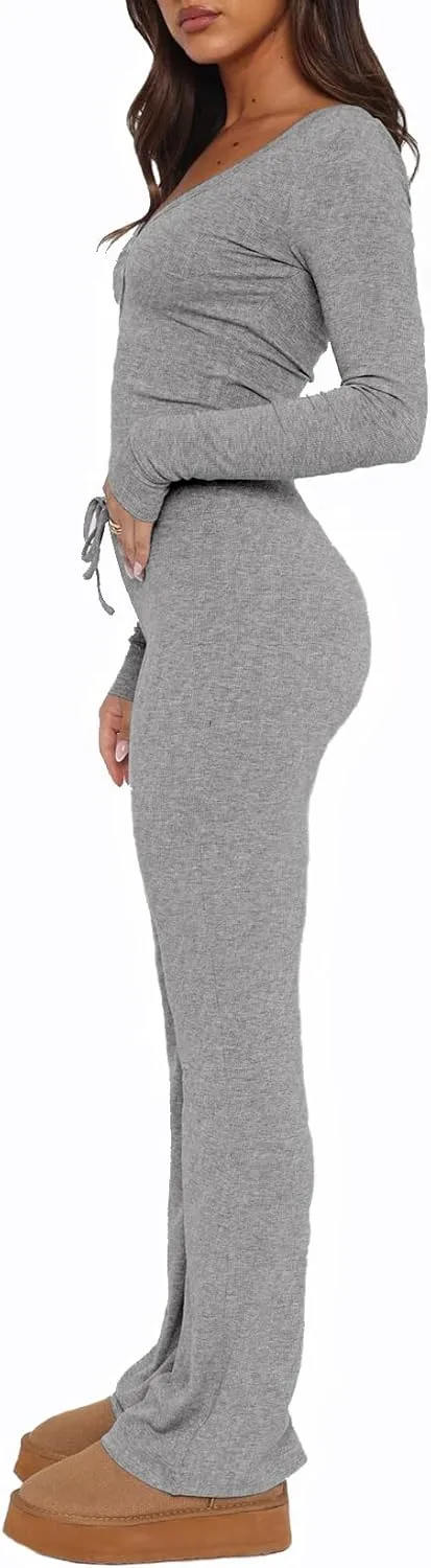 Womens 2 Piece Lounge Sets Long Sleeve Crop Tops V Neck Flare Pants Set Fall Y2k Casual Outfits